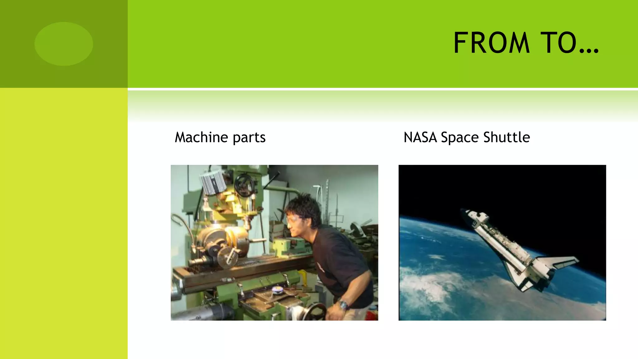 FROM TO…
Machine parts NASA Space Shuttle
 