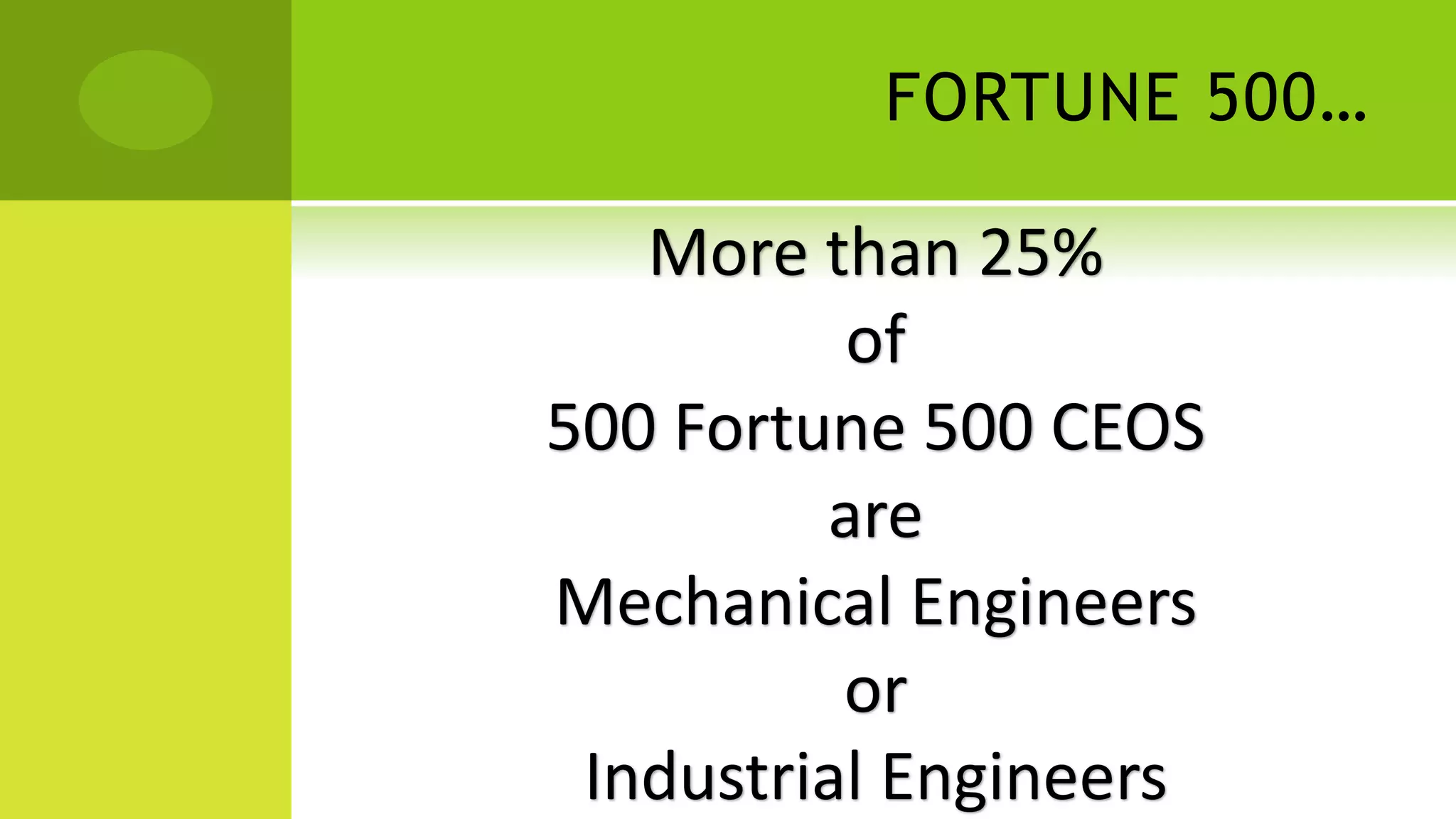 FORTUNE 500…
More than 25%
of
500 Fortune 500 CEOS
are
Mechanical Engineers
or
Industrial Engineers
 