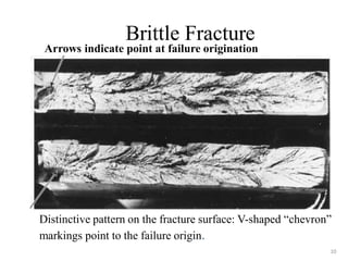 Brittle Fracture
Arrows indicate point at failure origination
Distinctive pattern on the fracture surface: V-shaped “chevron”
markings point to the failure origin.
10
 