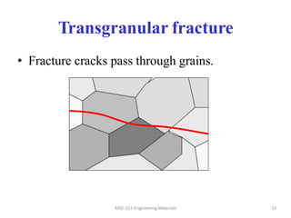 Transgranular fracture
• Fracture cracks pass through grains.
MSE-211-Engineering Materials 12
 