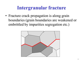 Intergranular fracture
• Fracture crack propagation is along grain
boundaries (grain boundaries are weakened or
embrittled by impurities segregation etc.)
13
 