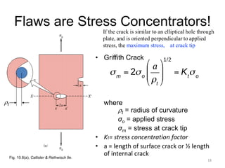 18
Flaws are Stress Concentrators!
• Griffith Crack
where
t = radius of curvature
σo = applied stress
σm = stress at crack tip
• Kt= stress concentration factor
• a = length of surface crack or ½ length
of internal crack
t
Fig. 10.8(a), Callister & Rethwisch 9e.
If the crack is similar to an elliptical hole through
plate, and is oriented perpendicular to applied
stress, the maximum stress, at crack tip
 
