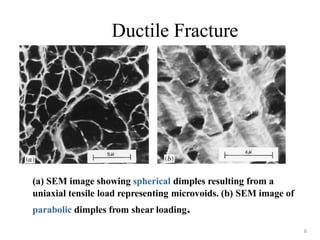 Ductile Fracture
(a) SEM image showing spherical dimples resulting from a
uniaxial tensile load representing microvoids. (b) SEM image of
parabolic dimples from shear loading.
8
 