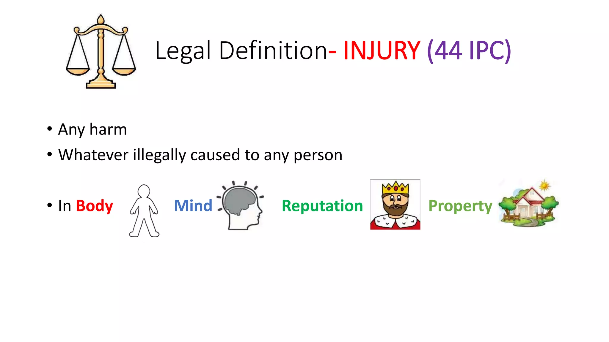 Legal Definition- INJURY (44 IPC)
• Any harm
• Whatever illegally caused to any person
• In Body Mind Reputation Property
 