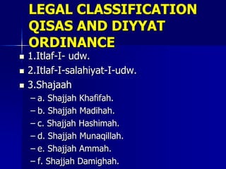 LEGAL CLASSIFICATION
QISAS AND DIYYAT
ORDINANCE
 1.Itlaf-I- udw.
 2.Itlaf-I-salahiyat-I-udw.
 3.Shajaah
– a. Shajjah Khafifah.
– b. Shajjah Madihah.
– c. Shajjah Hashimah.
– d. Shajjah Munaqillah.
– e. Shajjah Ammah.
– f. Shajjah Damighah.
 