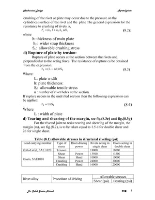 Mechanical Design                                                            Riveted joints


crushing of the rivet or plate may occur due to the pressure on the
cylindrical surface of the rivet and the plate The general expression for the
resistance to crushing of rivets is,
              Fc = (n 2 h + n1 h2 )dS c                                 (8.2):
where
     h: thickness of main plate
      h2: wider strap thickness
     Sc: allowable crushing stress
d) Rupture of plate by tension:
      Rupture of plate occurs at the section between the rivets and
perpendicular to the acting force. The resistance of rupture ca be obtained
from the expression:
            Ft = (L − nd)hS t                                           (8.3)
Where:
         L: plate width
         h: plate thickness:
         St: allowable tensile stress
         n : number of rivet holes at the section
If rupture occurs in the undrilled section then the following expression can
be applied:
               Ft = LhSt                                                           (8.4)
Where
      L : width of plate
d) Tearing and shearing of the margin, see fig.(8.3e) and fig.(8.3g)
         For the riveted joint to resist tearing and shearing of the margin, the
margin (m), see fig.(8.2), is to be taken equal to 1.5 d for double shear and
2d for single shear.

         Table (8.1) allowable stresses in structural riveting (psi)
Load carrying member       Type of    Rivet-driving   Rivets acting in   Rivets acting in
                            stress       power          single shear      double shear
Rolled steel, SAE 1020     Tension        …..         18000              18000
                            Shear        Power        13500              13500
                            Shear        Hand         10000              10000
Rivets, SAE1010
                           Crushing      Power        24000              30000
                           Crushing      Hand         16000              20000



                                                           Allowable stresses
Rivet alloy              Procedure of driving
                                                        Shear (psi) Bearing (psi)

   Dr. Salah Gasim Ahmed                                                         YIC      4
 