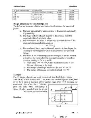 Mechanical Design                                                             Riveted joints

2S (pure alluminium)   Cold as received                         3000           7000
17S                    Cold immediately after quenching        10000          26000
17S                    Hot, 930 F to 950 F                      9000          26000
61S-TS                 Cold as received                         8000          15000
53S                    Hot, 960 F to 980 F                      6000          15000

Design procedure for structural joints:
The following sequence of steps applies to the calculations for structural
joints:
        a. The load transmitted by each member is determined analytically
           or graphically
        b. The shape and size of each member is determined from the
           magnitude of the load that it takes.
        c. The diameter of the rivets is determined by the thickness of the
           structural shapes apply the equation:
                                            d = 2 h − 16
                                                       1

         d. The number of rivets required in each member is based upon the
            shearing or crushing stress which ever determine the cause of
            failure.
         e. The rivets in the joint are spaced and arranged in such a manner
            as to utilize the material in the most economical way avoiding
            eccentric loading as far as possible
               Pitch limit: 16 h ≥ p ≥ 3d , where h is the thickness of the
                 thinnest plate used in the joint.
               The margin of the edge parallel to the load m1 ≥ 1.5 d
               The margin of the edge normal to the load m2 ≥ 2 d

Example:
Fig.(3) shows a lap riveted joint, consists of two Rolled steel plates,
SAE 1020, of 0.5 in thickness. The plates are riveted together with four
rivets 0.375 inch in diameter of low carbon steel, SAE 1010. Estimate the
maximum value of the force F that the
joint can stand while considering a                          ni 0.5
factor of safety equals 2 and the rivets                                F
                                              F
            .are driven by hand hammer

Solution                                        ni 4 2
                                                 .
                                                     1
                                                                        1

                                                              3) .giF
                                                                    )


   Dr. Salah Gasim Ahmed                                                          YIC      5

                                                      4            (Fig. (3
                                                          2          1
 