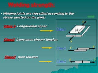 Welding strength:
• Welding joints are classified according to the
 stress exerted on the joint:

 Class 1- Longitudinal shear


 Class2- transverse shear+ tension




  Class3 - pure tension
 