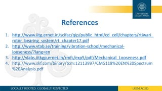 References
1. http://www.iitg.ernet.in/scifac/qip/public_html/cd_cell/chapters/rtiwari_
rotor_bearing_system/rt_chapter17.pdf
2. http://www.vtab.se/training/vibration-school/mechanical-
looseness/?lang=en
3. http://vlabs.iitkgp.ernet.in/rmfs/exp5/pdf/Mechanical_Looseness.pdf
4. http://www.skf.com/binary/tcm:12113997/CM5118%20EN%20Spectrum
%20Analysis.pdf
 