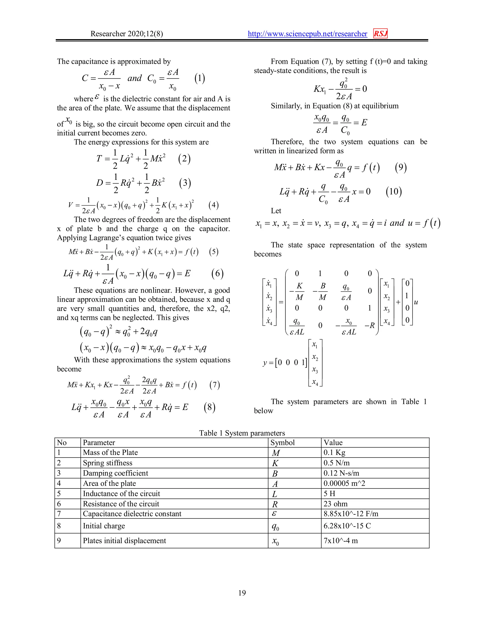 Researcher 2020;12(8) http://www.sciencepub.net/researcher RSJ
19
The capacitance is approximated by
 0
0 0
1
A A
C and C
x x x
 
 

where is the dielectric constant for air and A is
the area of the plate. We assume that the displacement
of 0x is big, so the circuit become open circuit and the
initial current becomes zero.
The energy expressions for this system are
 2 21 1
2
2 2
T Lq Mx  
 2 21 1
3
2 2
D Rq Bx  
      
2 2
0 0 1
1 1
4
2 2
V x x q q K x x
A
    
The two degrees of freedom are the displacement
x of plate b and the charge q on the capacitor.
Applying Lagrange’s equation twice gives
       2
0 1
1
5
2
Mx Bx q q K x x f t
A
      
    0 0
1
6Lq Rq x x q q E
A
     
These equations are nonlinear. However, a good
linear approximation can be obtained, because x and q
are very small quantities and, therefore, the x2, q2,
and xq terms can be neglected. This gives
 
  
2 2
0 0 0
0 0 0 0 0 0
2q q q q q
x x q q x q q x x q
  
    
With these approximations the system equations
become
   
2
0 0
1
2
7
2 2
q q q
Mx Kx Kx Bx f t
A A 
      
 0 0 0 0
8
x q q x x q
Lq Rq E
A A A  
     
From Equation (7), by setting f (t)=0 and taking
steady-state conditions, the result is
2
0
1 0
2
q
Kx
A
 
Similarly, in Equation (8) at equilibrium
0 0 0
0
x q q
E
A C
 
Therefore, the two system equations can be
written in linearized form as
   0
9
q
Mx Bx Kx q f t
A
    
 0
0
0 10
qq
Lq Rq x
C A
    
Let
 1 2 3 4, , ,x x x x v x q x q i and u f t       
The state space representation of the system
becomes
 
1 1
0
2 2
3 3
0 04 4
1
2
3
4
0 1 0 0
0
0
1
0 0 0 1 0
0
0
0 0 0 1
x xqK B
x xM M A
u
x x
q xx x
R
AL AL
x
x
y
x
x

 
 
      
       
             
      
        
 
 
 
 
 
 
 




The system parameters are shown in Table 1
below
Table 1 System parameters
No Parameter Symbol Value
1 Mass of the Plate M 0.1 Kg
2 Spring stiffness K 0.5 N/m
3 Damping coefficient B 0.12 N-s/m
4 Area of the plate A 0.00005 m^2
5 Inductance of the circuit L 5 H
6 Resistance of the circuit R 23 ohm
7 Capacitance dielectric constant  8.85x10^-12 F/m
8 Initial charge 0q 6.28x10^-15 C
9 Plates initial displacement 0x 7x10^-4 m
 