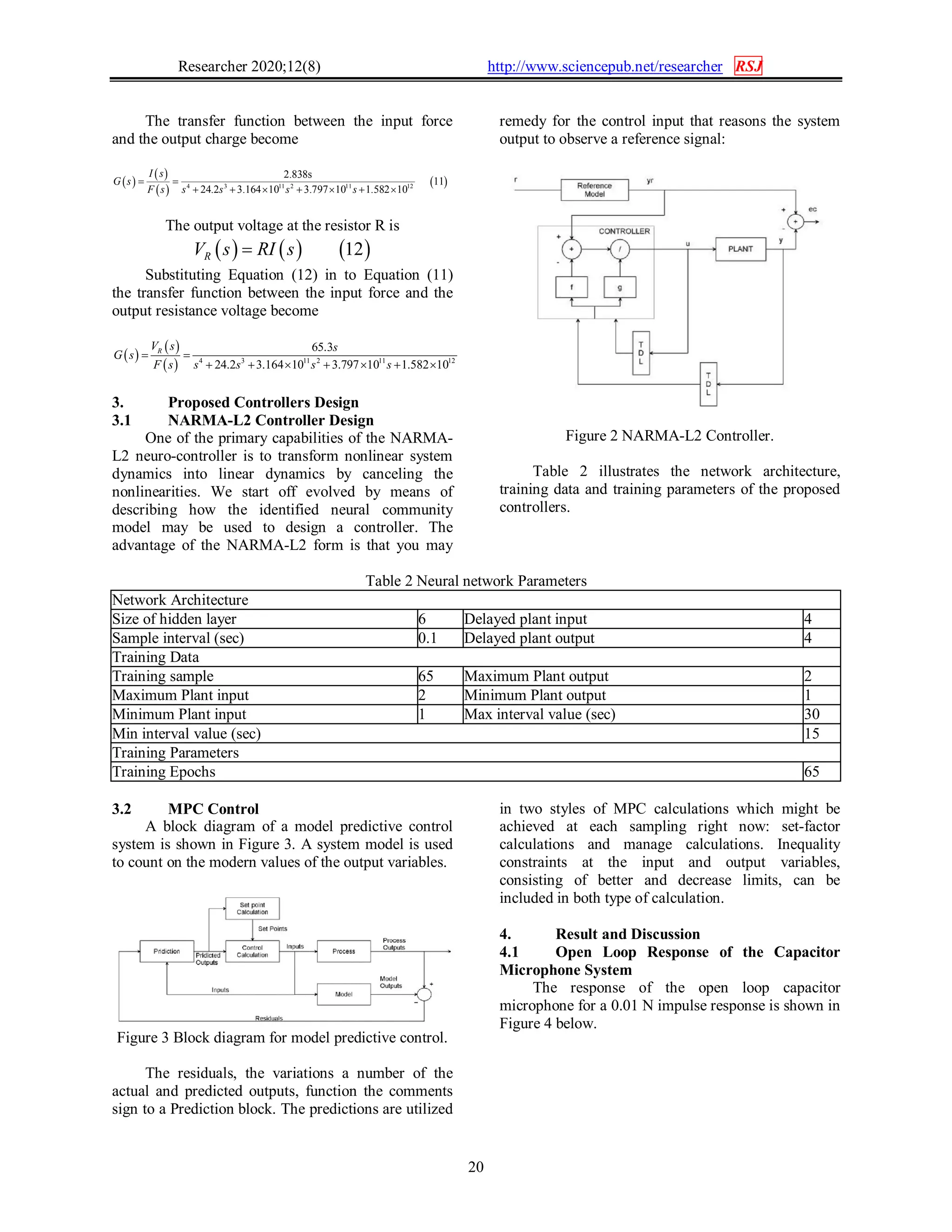 Researcher 2020;12(8) http://www.sciencepub.net/researcher RSJ
20
The transfer function between the input force
and the output charge become
 
 
 
 4 3 11 2 11 12
24.2 3.164 10 3.797 10 1
2.838s
.582
11
10s s
I s
F s s
G s
s     

 

The output voltage at the resistor R is
     12RV s RI s
Substituting Equation (12) in to Equation (11)
the transfer function between the input force and the
output resistance voltage become
 
 
  4 3 11 2 11 12
24.2 3.164 10 3.797 10 1.582 10
65.3R
s s s s
V s s
G s
F s       
 
3. Proposed Controllers Design
3.1 NARMA-L2 Controller Design
One of the primary capabilities of the NARMA-
L2 neuro-controller is to transform nonlinear system
dynamics into linear dynamics by canceling the
nonlinearities. We start off evolved by means of
describing how the identified neural community
model may be used to design a controller. The
advantage of the NARMA-L2 form is that you may
remedy for the control input that reasons the system
output to observe a reference signal:
Figure 2 NARMA-L2 Controller.
Table 2 illustrates the network architecture,
training data and training parameters of the proposed
controllers.
Table 2 Neural network Parameters
Network Architecture
Size of hidden layer 6 Delayed plant input 4
Sample interval (sec) 0.1 Delayed plant output 4
Training Data
Training sample 65 Maximum Plant output 2
Maximum Plant input 2 Minimum Plant output 1
Minimum Plant input 1 Max interval value (sec) 30
Min interval value (sec) 15
Training Parameters
Training Epochs 65
3.2 MPC Control
A block diagram of a model predictive control
system is shown in Figure 3. A system model is used
to count on the modern values of the output variables.
Figure 3 Block diagram for model predictive control.
The residuals, the variations a number of the
actual and predicted outputs, function the comments
sign to a Prediction block. The predictions are utilized
in two styles of MPC calculations which might be
achieved at each sampling right now: set-factor
calculations and manage calculations. Inequality
constraints at the input and output variables,
consisting of better and decrease limits, can be
included in both type of calculation.
4. Result and Discussion
4.1 Open Loop Response of the Capacitor
Microphone System
The response of the open loop capacitor
microphone for a 0.01 N impulse response is shown in
Figure 4 below.
 
