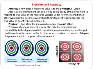 Accuracy is how close a measured value is to the actual (true) value.
Accuracy of an instrument can be defined as the ability of the instrument to
respond to true value of the measured variable under reference condition. In
other word it is the closeness with which the instrument reading reaches the
true value of quantity being measured.
Precision is how close the measured values are to each other.
Precision of a measurement system, also called reproducibility or
repeatability, is the degree to which repeated measurements under unchanged
conditions show the same results. In other words, precision is measure of degree
of agreement within the group of measurement.
Precision and Accuracy
 