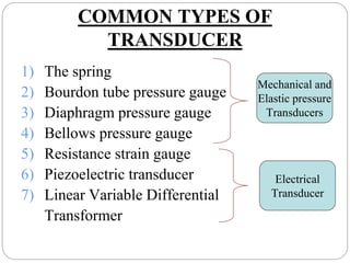 COMMON TYPES OF
TRANSDUCER
1) The spring
2) Bourdon tube pressure gauge
3) Diaphragm pressure gauge
4) Bellows pressure gauge
5) Resistance strain gauge
6) Piezoelectric transducer
7) Linear Variable Differential
Transformer
Mechanical and
Elastic pressure
Transducers
Electrical
Transducer
 