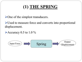 (1) THE SPRING
One of the simplest transducers.
Used to measure force and converts into proportional
displacement.
Accuracy 0.5 to 1.0 %
SpringInput Force
Output
Displacement
 
