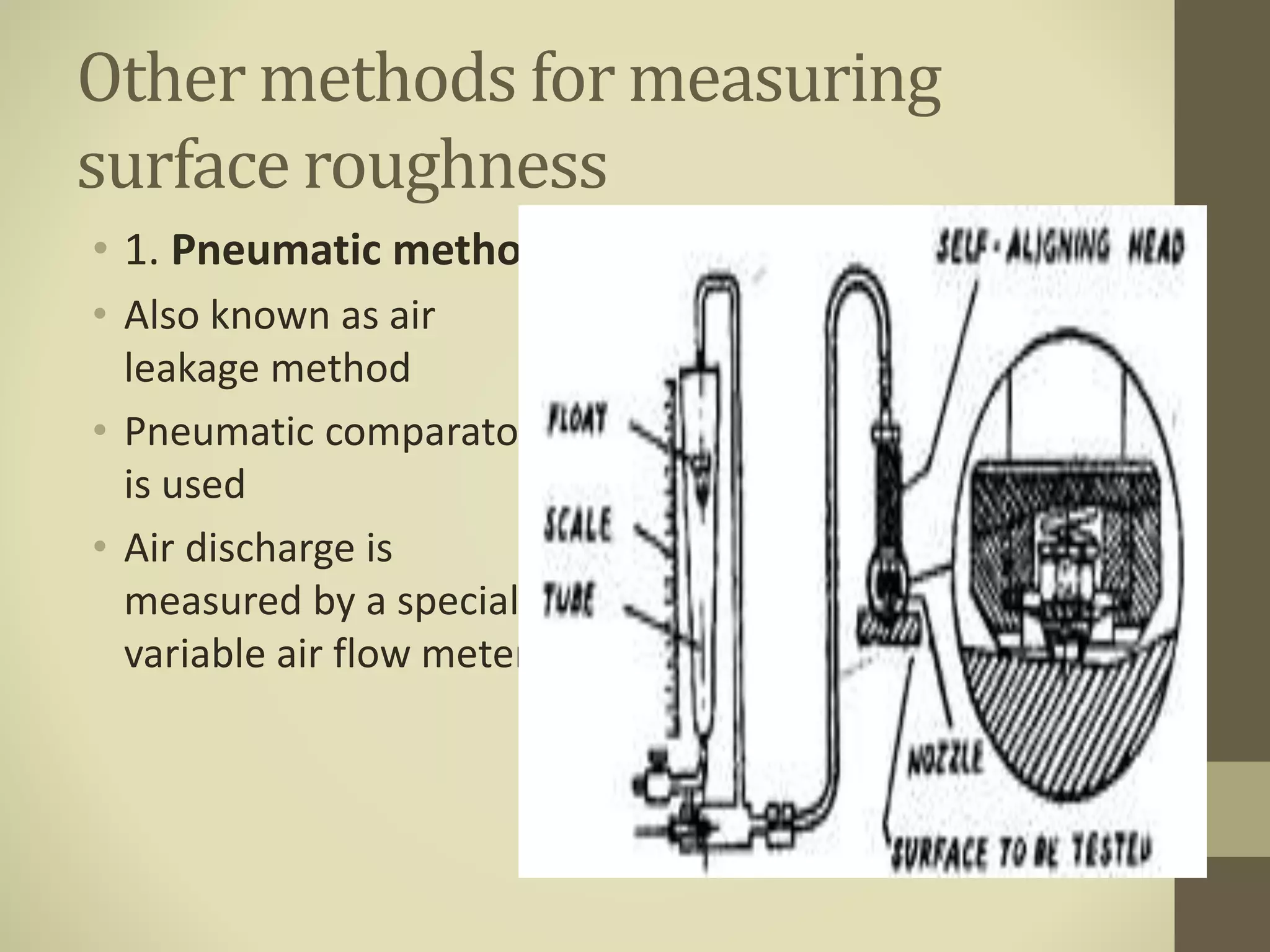 Other methods for measuring
surface roughness
• 1. Pneumatic method
• Also known as air
leakage method
• Pneumatic comparator
is used
• Air discharge is
measured by a special
variable air flow meter
 