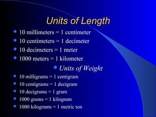 Units of LengthUnits of Length
 10 millimeters = 1 centimeter
 10 centimeters = 1 decimeter
 10 decimeters = 1 meter
 1000 meters = 1 kilometer
Units of Weight
 10 milligrams = 1 centigram
 10 centigrams = 1 decigram
 10 decigrams = 1 gram
 1000 grams = 1 kilogram
 1000 kilograms = 1 metric ton
 