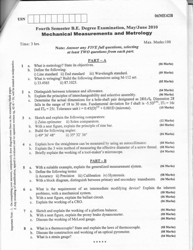 Mechanical measurements and metrology Question Papers PDF