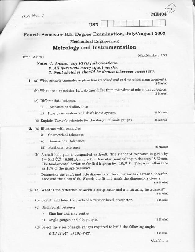 Mechanical measurements and metrology Question Papers