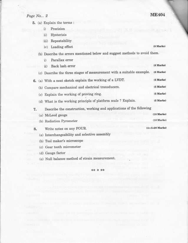 Mechanical measurements and metrology Question Papers