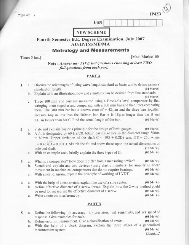 Mechanical measurements and metrology Question Papers