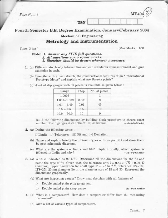 Mechanical measurements and metrology Question Papers