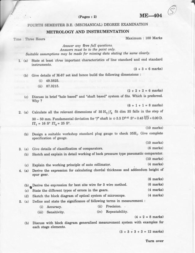 Mechanical measurements and metrology Question Papers
