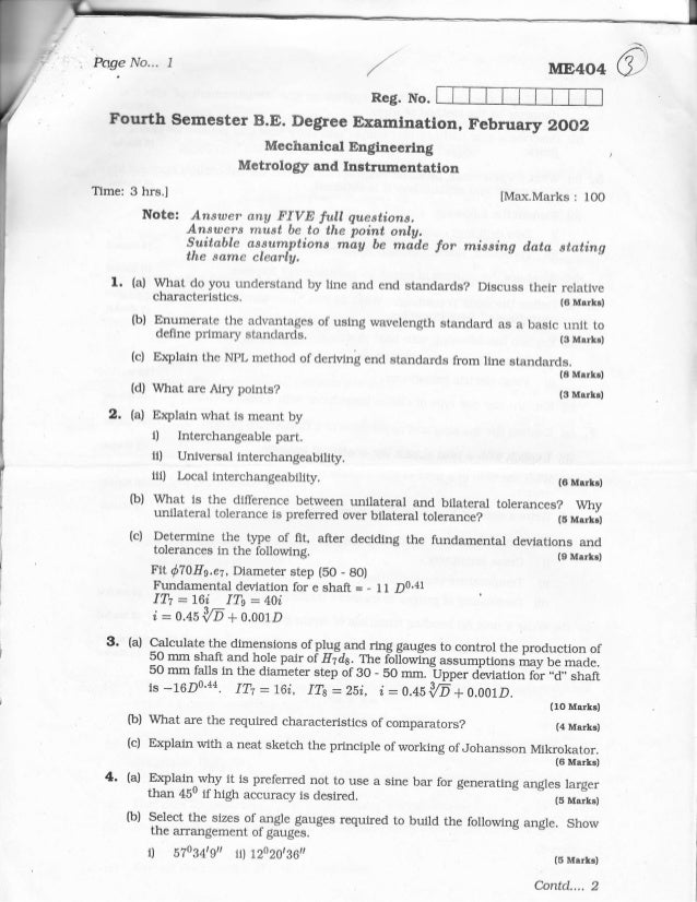 Mechanical measurements and metrology Question Papers