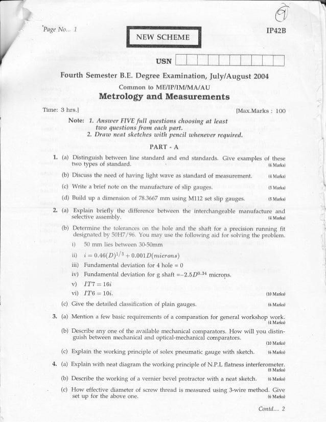 Mechanical measurements and metrology Question Papers