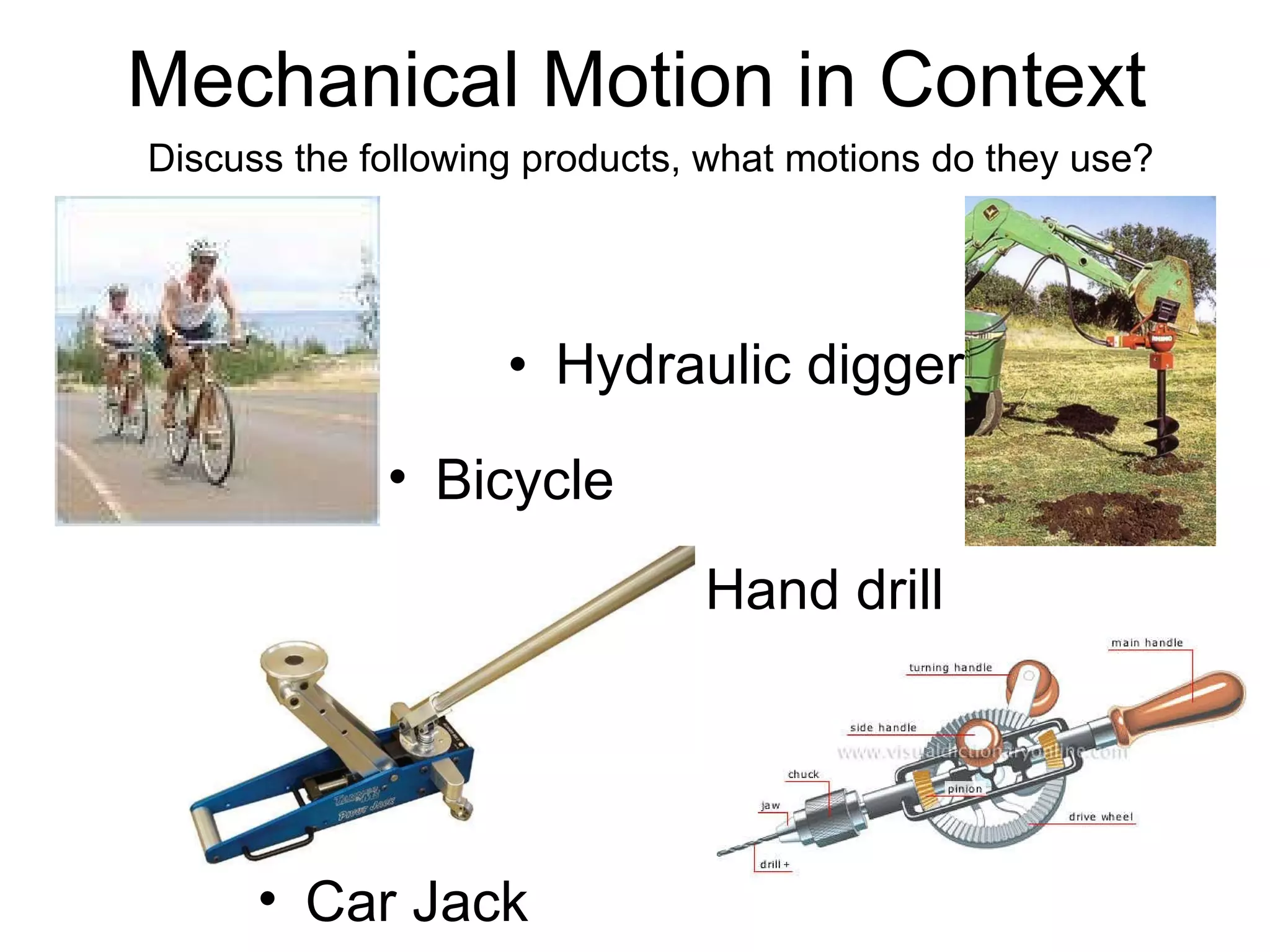 Mechanical Motion in Context Hydraulic digger Bicycle Car Jack Hand drill Discuss the following products, what motions do they use? 