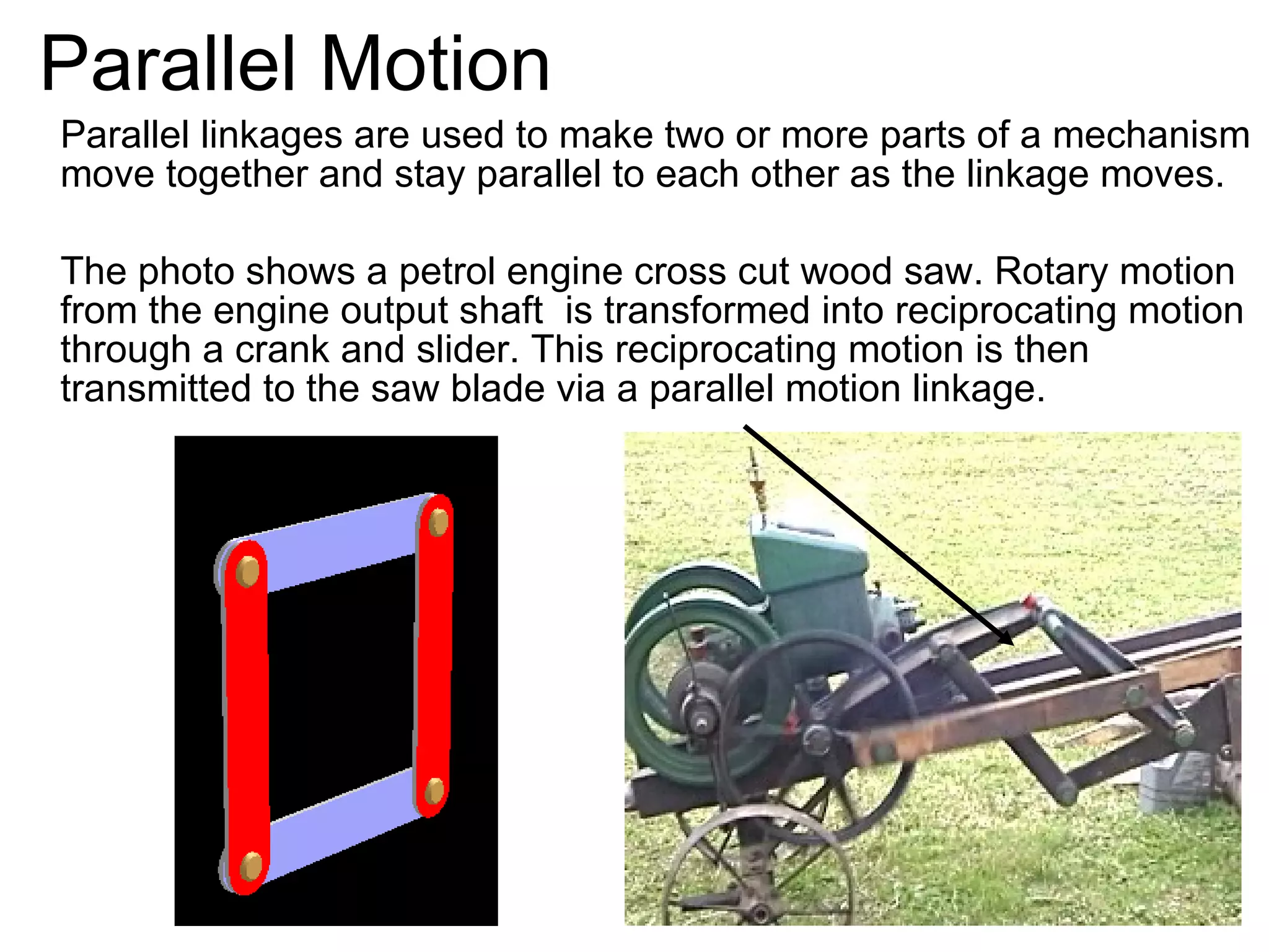Parallel Motion Parallel linkages are used to make two or more parts of a mechanism move together and stay parallel to each other as the linkage moves.  The photo shows a petrol engine cross cut wood saw. Rotary motion  from the engine output shaft  is transformed into reciprocating motion through a crank and slider. This reciprocating motion is then transmitted to the saw blade via a parallel motion linkage. 