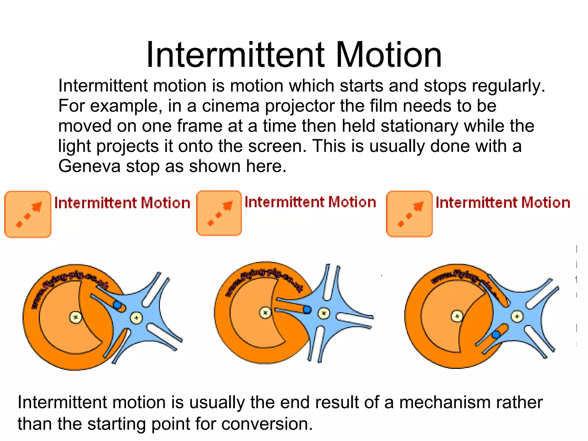 Intermittent Motion Intermittent motion is motion which starts and stops regularly. For example, in a cinema projector the film needs to be moved on one frame at a time then held stationary while the light projects it onto the screen. This is usually done with a Geneva stop as shown here. Intermittent motion is usually the end result of a mechanism rather than the starting point for conversion. 