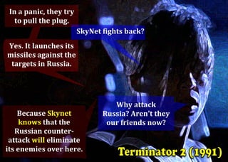Yes.	It	launches	its	
missiles	against	the	
targets	in	Russia.	
Why	attack	
Russia?	Aren't	they	
our	friends	now?	
SkyNet	fights	back?	
Because	Skynet		
knows	that	the	
Russian	counter-
attack	will	eliminate	
its	enemies	over	here.	
In	a	panic,	they	try	
to	pull	the	plug.	
 