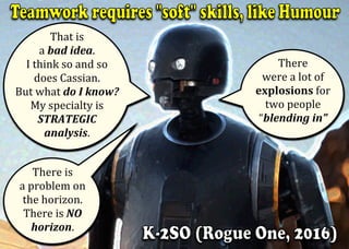 That	is		
a	bad	idea.		
I	think	so	and	so		
does	Cassian.	
But	what	do	I	know?	
My	specialty	is	
STRATEGIC		
analysis.	
	
There		
were	a	lot	of	
explosions	for	
two	people	
“blending	in”	
	
	There	is		
a	problem	on		
the	horizon.	
There	is	NO		
horizon.	
	
 