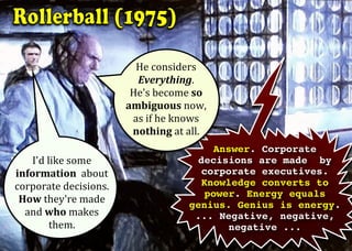 I'd	like	some	
information		about	
corporate	decisions.		
How	they're	made	
and	who	makes	
them.	
Answer. Corporate
decisions are made by
corporate executives.
Knowledge converts to
power. Energy equals
genius. Genius is energy.
... Negative, negative,
negative ...	
	He	considers	
Everything.		
He's	become	so	
ambiguous	now,		
as	if	he	knows	
nothing	at	all.	
 