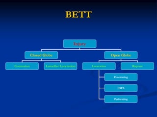 BETT
Injury
Closed Globe Open Globe
Contusion Lamellar Laceration Laceration Rupture
Penetrating
IOFB
Perforating
 