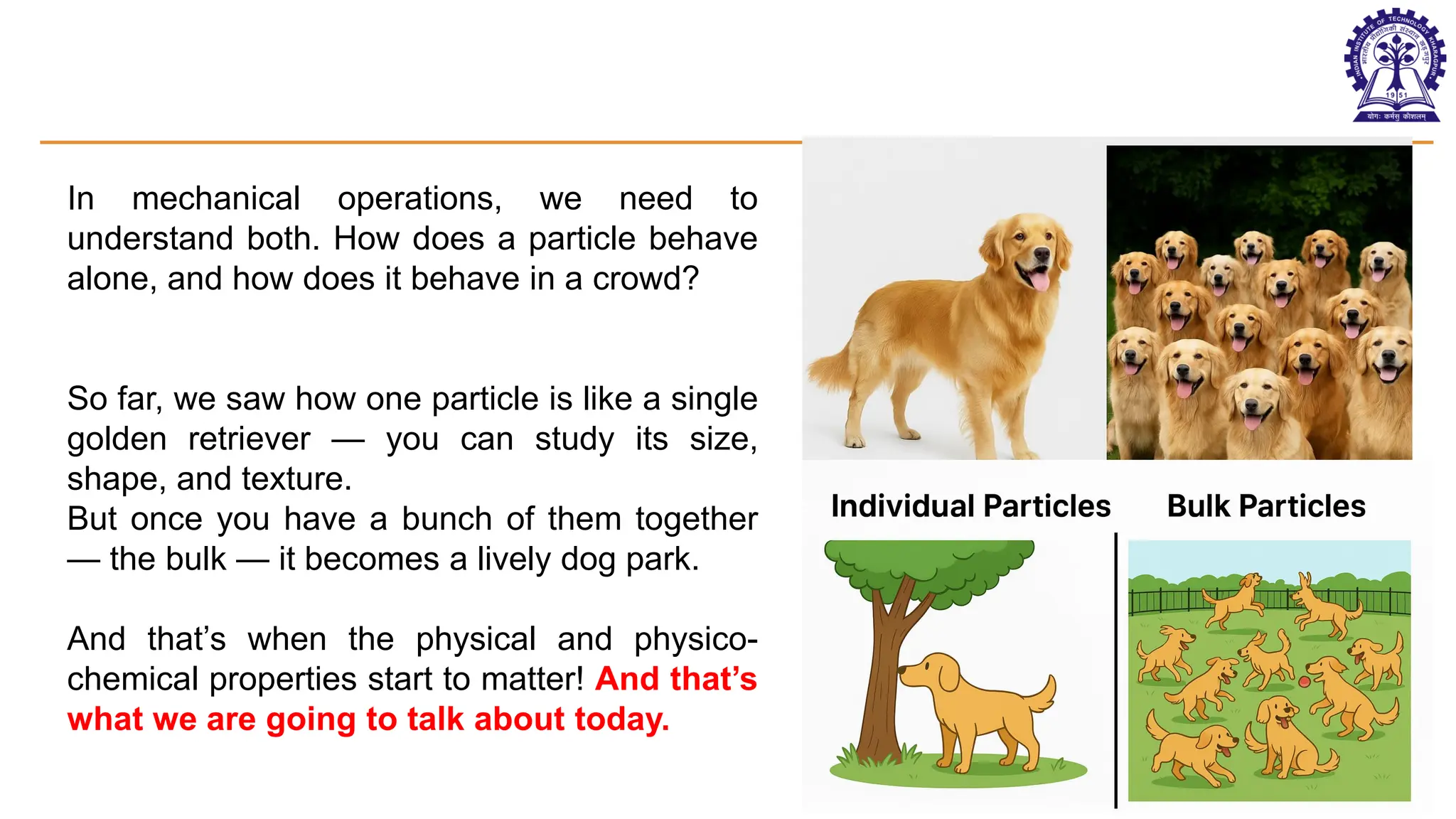 12
In mechanical operations, we need to
understand both. How does a particle behave
alone, and how does it behave in a crowd?
So far, we saw how one particle is like a single
golden retriever — you can study its size,
shape, and texture.
But once you have a bunch of them together
— the bulk — it becomes a lively dog park.
And that’s when the physical and physico-
chemical properties start to matter! And that’s
what we are going to talk about today.
 