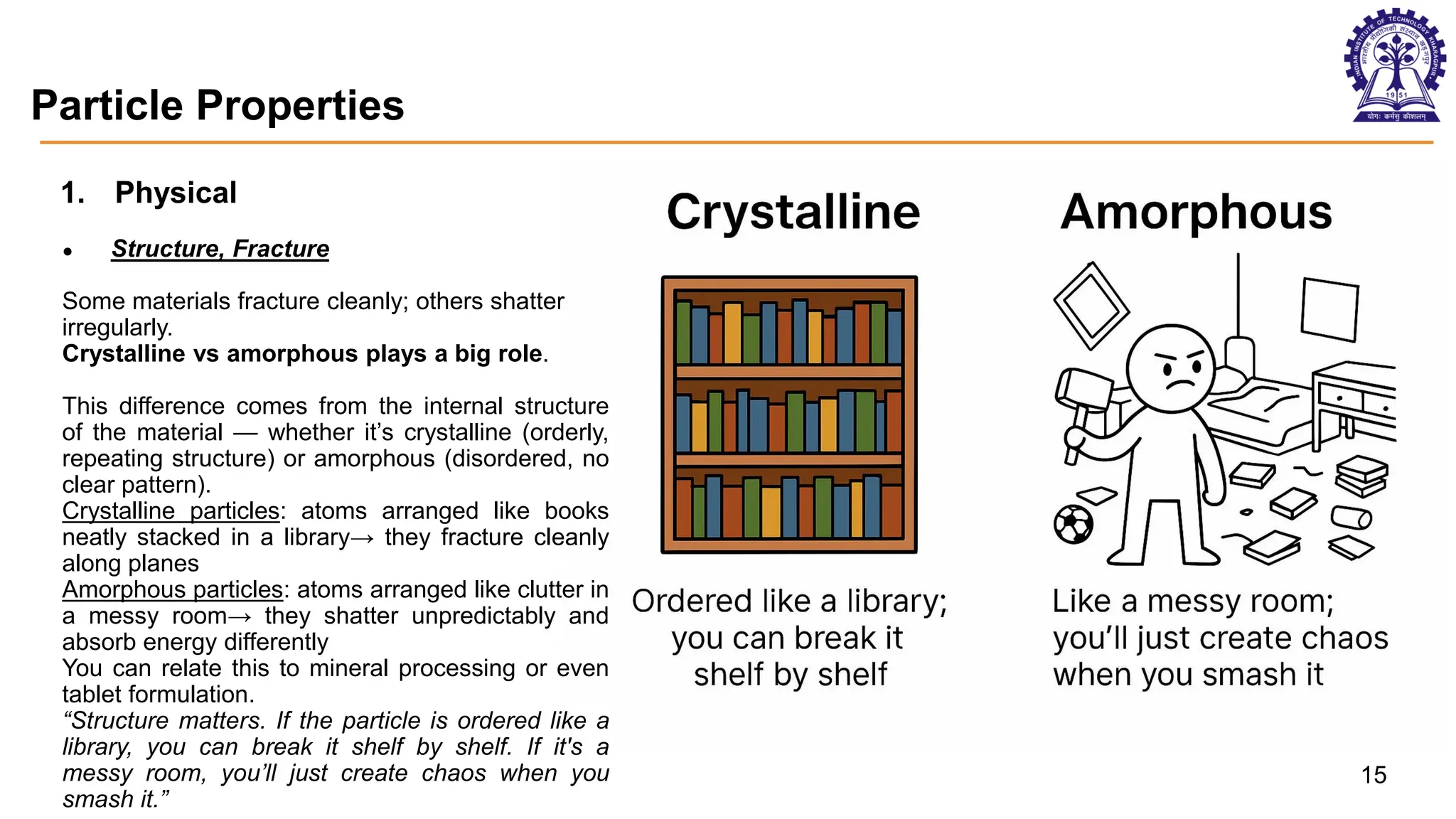Particle Properties
Aggregated particles Soft mineral - Gallium
15
1. Physical
● Structure, Fracture
Some materials fracture cleanly; others shatter
irregularly.
Crystalline vs amorphous plays a big role.
This difference comes from the internal structure
of the material — whether it’s crystalline (orderly,
repeating structure) or amorphous (disordered, no
clear pattern).
Crystalline particles: atoms arranged like books
neatly stacked in a library→ they fracture cleanly
along planes
Amorphous particles: atoms arranged like clutter in
a messy room→ they shatter unpredictably and
absorb energy differently
You can relate this to mineral processing or even
tablet formulation.
“Structure matters. If the particle is ordered like a
library, you can break it shelf by shelf. If it's a
messy room, you’ll just create chaos when you
smash it.”
 