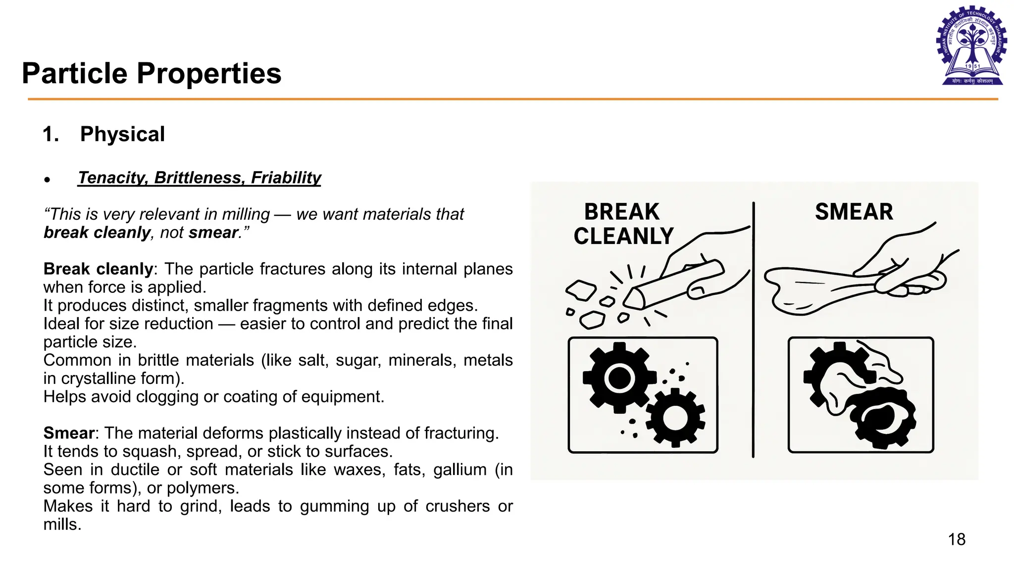 Particle Properties
1. Physical
● Tenacity, Brittleness, Friability
“This is very relevant in milling — we want materials that
break cleanly, not smear.”
Break cleanly: The particle fractures along its internal planes
when force is applied.
It produces distinct, smaller fragments with defined edges.
Ideal for size reduction — easier to control and predict the final
particle size.
Common in brittle materials (like salt, sugar, minerals, metals
in crystalline form).
Helps avoid clogging or coating of equipment.
Smear: The material deforms plastically instead of fracturing.
It tends to squash, spread, or stick to surfaces.
Seen in ductile or soft materials like waxes, fats, gallium (in
some forms), or polymers.
Makes it hard to grind, leads to gumming up of crushers or
mills.
18
 