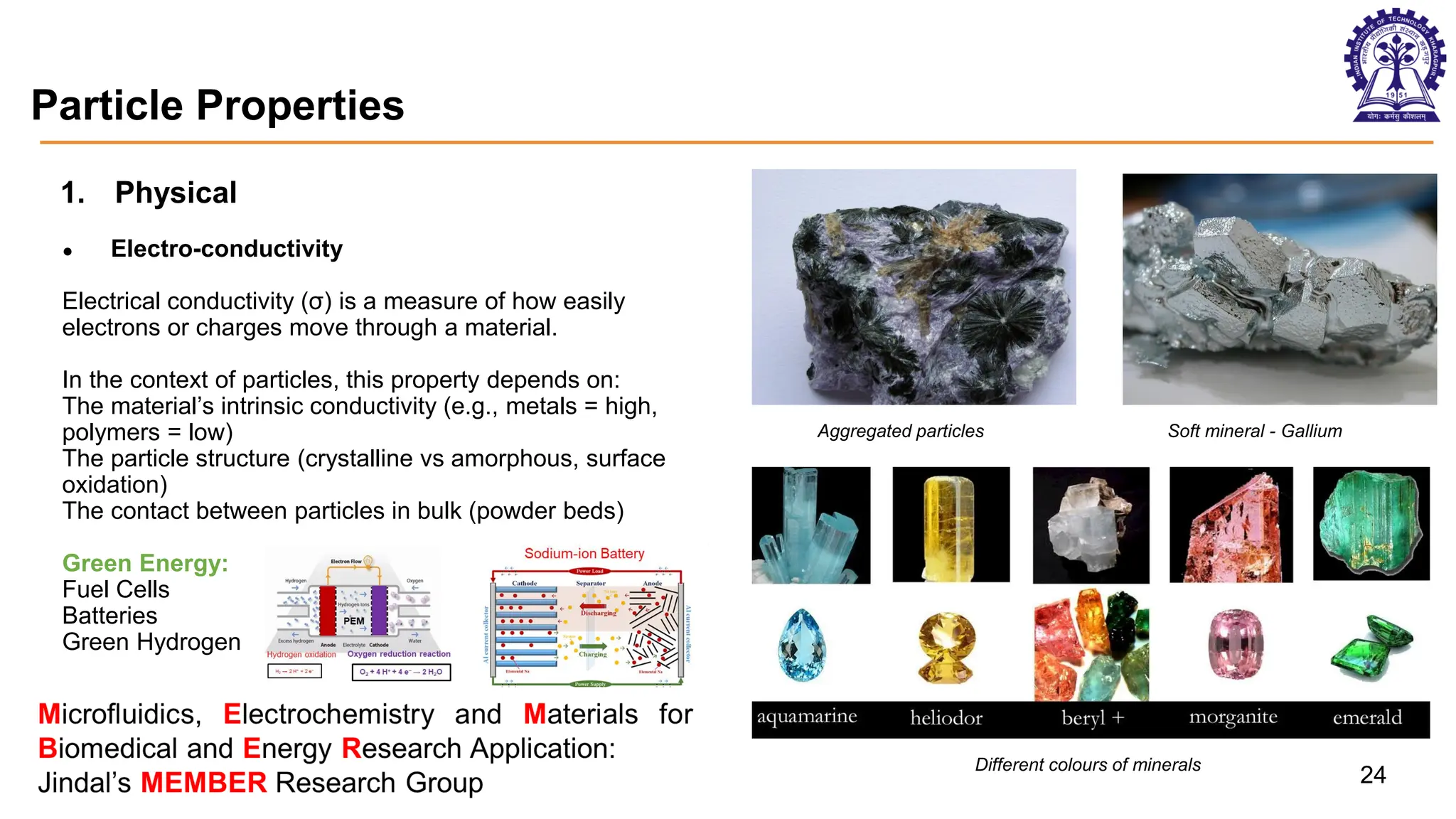 Particle Properties
1. Physical
● Electro-conductivity
Electrical conductivity (σ) is a measure of how easily
electrons or charges move through a material.
In the context of particles, this property depends on:
The material’s intrinsic conductivity (e.g., metals = high,
polymers = low)
The particle structure (crystalline vs amorphous, surface
oxidation)
The contact between particles in bulk (powder beds)
Green Energy:
Fuel Cells
Batteries
Green Hydrogen
Aggregated particles Soft mineral - Gallium
Different colours of minerals
24
 