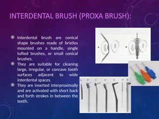 INTERDENTAL BRUSH (PROXA BRUSH):
 Interdental brush are conical
shape brushes made of bristles
mounted on a handle, single
tufted brushes, or small conical
brushes.
 They are suitable for cleaning
large, irregular, or concave tooth
surfaces adjacent to wide
interdental spaces.
 They are inserted interproximally
and are activated with short back
and forth strokes in between the
teeth.
 
