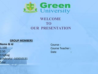 WELCOME
TO
OUR PRESENTATION
GROUP MEMBERS
Name & Id
1.100
2.50
3.Sohag
4.Ashraful -163010131
5.tui
Course :
Course Teacher :
Date :
 