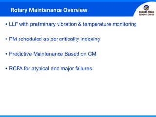  LLF with preliminary vibration & temperature monitoring
 PM scheduled as per criticality indexing
 Predictive Maintenance Based on CM
 RCFA for atypical and major failures
Rotary Maintenance Overview
 