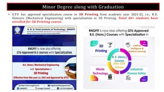 Minor Degree along with Graduation
• GTU has approved specialization course in 3D Printing from academic year 2021-22, i.e., B.E.
Honours (Mechanical Engineering) with specialization in 3D Printing. Total 40+ students have
enrolled for 3D Printing course.
 