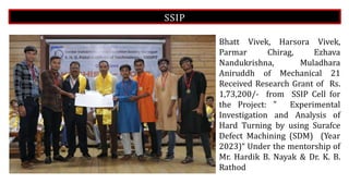 SSIP
Bhatt Vivek, Harsora Vivek,
Parmar Chirag, Ezhava
Nandukrishna, Muladhara
Aniruddh of Mechanical 21
Received Research Grant of Rs.
1,73,200/- from SSIP Cell for
the Project: " Experimental
Investigation and Analysis of
Hard Turning by using Surafce
Defect Machining (SDM) (Year
2023)“ Under the mentorship of
Mr. Hardik B. Nayak & Dr. K. B.
Rathod
 