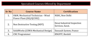 Sr No Course Name Certification
1. O&M, Mechanical Technician - Wind
Power Plant (SGJ/Q1502)
NSDC, New Delhi
2. Non Destructive Testing (NDT)
Desai Industrial Inspection
Services, Surat.
3. SolidWorks (CSWA-Mechanical Design) Dassault System, France
4. CNC Programmer RNGPIT, Bardoli
Specialized Courses Offered by Department
 