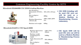 Common Engineering Facility Centre by SETU
 CNC EDM Grinding will
be used CNC wire cut
will be used as a
Modern Machine in
Manufacturing Process
Laboratory
 CNC Spark EDM will be
used CNC wire cut will be
used as a Modern Machine
in Manufacturing Process
Laboratory
 