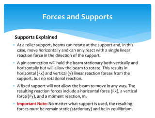  At a roller support, beams can rotate at the support and, in this
case, move horizontally and can only react with a single linear
reaction force in the direction of the support.
 A pin connection will hold the beam stationary both vertically and
horizontally but will allow the beam to rotate. This results in
horizontal (Fx) and vertical (y) linear reaction forces from the
support, but no rotational reaction.
 A fixed support will not allow the beam to move in any way. The
resulting reaction forces include a horizontal force (Fx), a vertical
force (Fy), and a moment reaction, M.
 Important Note: No matter what support is used, the resulting
forces must be remain static (stationary) and be in equilibrium.
Forces and Supports
Supports Explained
 