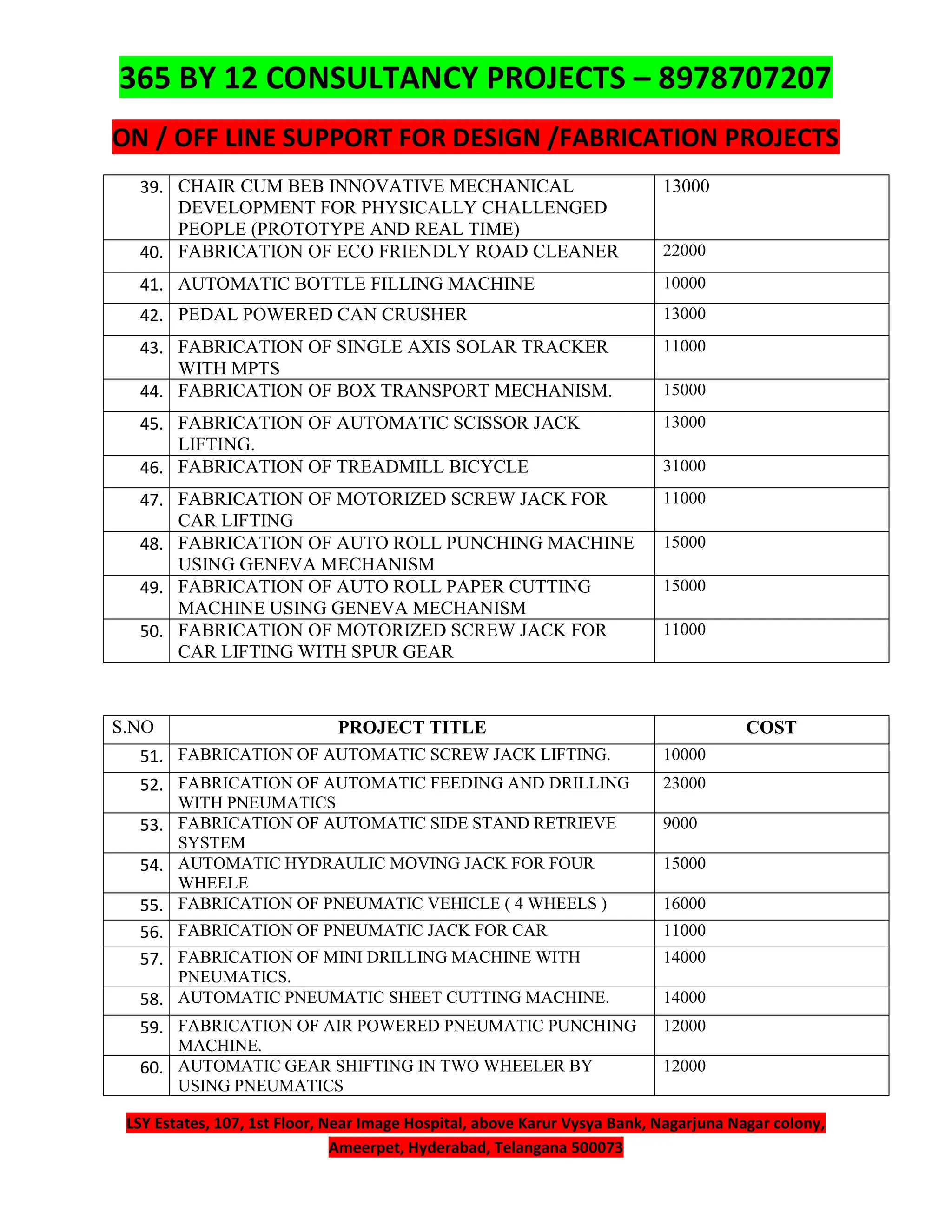 365 BY 12 CONSULTANCY PROJECTS – 8978707207
ON / OFF LINE SUPPORT FOR DESIGN /FABRICATION PROJECTS
LSY Estates, 107, 1st Floor, Near Image Hospital, above Karur Vysya Bank, Nagarjuna Nagar colony,
Ameerpet, Hyderabad, Telangana 500073
39. CHAIR CUM BEB INNOVATIVE MECHANICAL
DEVELOPMENT FOR PHYSICALLY CHALLENGED
PEOPLE (PROTOTYPE AND REAL TIME)
13000
40. FABRICATION OF ECO FRIENDLY ROAD CLEANER 22000
41. AUTOMATIC BOTTLE FILLING MACHINE 10000
42. PEDAL POWERED CAN CRUSHER 13000
43. FABRICATION OF SINGLE AXIS SOLAR TRACKER
WITH MPTS
11000
44. FABRICATION OF BOX TRANSPORT MECHANISM. 15000
45. FABRICATION OF AUTOMATIC SCISSOR JACK
LIFTING.
13000
46. FABRICATION OF TREADMILL BICYCLE 31000
47. FABRICATION OF MOTORIZED SCREW JACK FOR
CAR LIFTING
11000
48. FABRICATION OF AUTO ROLL PUNCHING MACHINE
USING GENEVA MECHANISM
15000
49. FABRICATION OF AUTO ROLL PAPER CUTTING
MACHINE USING GENEVA MECHANISM
15000
50. FABRICATION OF MOTORIZED SCREW JACK FOR
CAR LIFTING WITH SPUR GEAR
11000
S.NO PROJECT TITLE COST
51. FABRICATION OF AUTOMATIC SCREW JACK LIFTING. 10000
52. FABRICATION OF AUTOMATIC FEEDING AND DRILLING
WITH PNEUMATICS
23000
53. FABRICATION OF AUTOMATIC SIDE STAND RETRIEVE
SYSTEM
9000
54. AUTOMATIC HYDRAULIC MOVING JACK FOR FOUR
WHEELE
15000
55. FABRICATION OF PNEUMATIC VEHICLE ( 4 WHEELS ) 16000
56. FABRICATION OF PNEUMATIC JACK FOR CAR 11000
57. FABRICATION OF MINI DRILLING MACHINE WITH
PNEUMATICS.
14000
58. AUTOMATIC PNEUMATIC SHEET CUTTING MACHINE. 14000
59. FABRICATION OF AIR POWERED PNEUMATIC PUNCHING
MACHINE.
12000
60. AUTOMATIC GEAR SHIFTING IN TWO WHEELER BY
USING PNEUMATICS
12000
 
