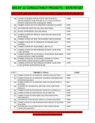 365 BY 12 CONSULTANCY PROJECTS – 8978707207
ON / OFF LINE SUPPORT FOR DESIGN /FABRICATION PROJECTS
LSY Estates, 107, 1st Floor, Near Image Hospital, above Karur Vysya Bank, Nagarjuna Nagar colony,
Ameerpet, Hyderabad, Telangana 500073
39. CHAIR CUM BEB INNOVATIVE MECHANICAL
DEVELOPMENT FOR PHYSICALLY CHALLENGED
PEOPLE (PROTOTYPE AND REAL TIME)
13000
40. FABRICATION OF ECO FRIENDLY ROAD CLEANER 22000
41. AUTOMATIC BOTTLE FILLING MACHINE 10000
42. PEDAL POWERED CAN CRUSHER 13000
43. FABRICATION OF SINGLE AXIS SOLAR TRACKER
WITH MPTS
11000
44. FABRICATION OF BOX TRANSPORT MECHANISM. 15000
45. FABRICATION OF AUTOMATIC SCISSOR JACK
LIFTING.
13000
46. FABRICATION OF TREADMILL BICYCLE 31000
47. FABRICATION OF MOTORIZED SCREW JACK FOR
CAR LIFTING
11000
48. FABRICATION OF AUTO ROLL PUNCHING MACHINE
USING GENEVA MECHANISM
15000
49. FABRICATION OF AUTO ROLL PAPER CUTTING
MACHINE USING GENEVA MECHANISM
15000
50. FABRICATION OF MOTORIZED SCREW JACK FOR
CAR LIFTING WITH SPUR GEAR
11000
S.NO PROJECT TITLE COST
51. FABRICATION OF AUTOMATIC SCREW JACK LIFTING. 10000
52. FABRICATION OF AUTOMATIC FEEDING AND DRILLING
WITH PNEUMATICS
23000
53. FABRICATION OF AUTOMATIC SIDE STAND RETRIEVE
SYSTEM
9000
54. AUTOMATIC HYDRAULIC MOVING JACK FOR FOUR
WHEELE
15000
55. FABRICATION OF PNEUMATIC VEHICLE ( 4 WHEELS ) 16000
56. FABRICATION OF PNEUMATIC JACK FOR CAR 11000
57. FABRICATION OF MINI DRILLING MACHINE WITH
PNEUMATICS.
14000
58. AUTOMATIC PNEUMATIC SHEET CUTTING MACHINE. 14000
59. FABRICATION OF AIR POWERED PNEUMATIC PUNCHING
MACHINE.
12000
60. AUTOMATIC GEAR SHIFTING IN TWO WHEELER BY
USING PNEUMATICS
12000
 
