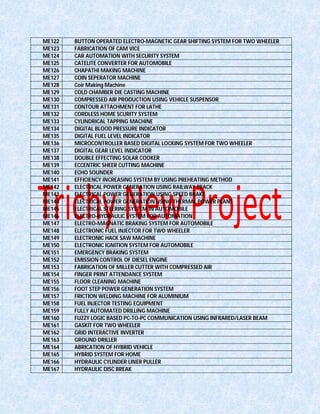 ME122 BUTTON OPERATED ELECTRO-MAGNETIC GEAR SHIFTING SYSTEM FOR TWO WHEELER
ME123 FABRICATION OF CAM VICE
ME124 CAR AUTOMATION WITH SECURITY SYSTEM
ME125 CATELITE CONVERTER FOR AUTOMOBILE
ME126 CHAPATHI MAKING MACHINE
ME127 COIN SEPERATOR MACHINE
ME128 Coir Making Machine
ME129 COLD CHAMBER DIE CASTING MACHINE
ME130 COMPRESSED AIR PRODUCTION USING VEHICLE SUSPENSOR
ME131 CONTOUR ATTACHMENT FOR LATHE
ME132 CORDLESS HOME SCURITY SYSTEM
ME133 CYLINDRICAL TAPPING MACHINE
ME134 DIGITAL BLOOD PRESSURE INDICATOR
ME135 DIGITAL FUEL LEVEL INDICATOR
ME136 MICROCONTROLLER BASED DIGITAL LOCKING SYSTEM FOR TWO WHEELER
ME137 DIGITAL GEAR LEVEL INDICATOR
ME138 DOUBLE EFFECTING SOLAR COOKER
ME139 ECCENTRIC SHEER CUTTING MACHINE
ME140 ECHO SOUNDER
ME141 EFFICIENCY INCREASING SYSTEM BY USING PREHEATING METHOD
ME142 ELECTRICAL POWER GENERATION USING RAILWAY TRACK
ME143 ELECTRICAL POWER GENERATION USING SPEED BRAKE
ME144 ELECTRICAL POWER GENERATION USING THERMAL POWER PLANT
ME145 ELECTRICAL STEERING SYSTEM IN AUTOMOBILE
ME146 ELECTRO-HYDRAULIC SYSTEM FOR AUTOMATION
ME147 ELECTRO-MAGNATIC BRAKING SYSTEM FOR AUTOMOBILE
ME148 ELECTRONIC FUEL INJECTOR FOR TWO WHEELER
ME149 ELECTRONIC HACK SAW MACHINE
ME150 ELECTRONIC IGNITION SYSTEM FOR AUTOMOBILE
ME151 EMERGENCY BRAKING SYSTEM
ME152 EMISSION CONTROL OF DIESEL ENGINE
ME153 FABRICATION OF MILLER CUTTER WITH COMPRESSED AIR
ME154 FINGER PRINT ATTENDANCE SYSTEM
ME155 FLOOR CLEANING MACHINE
ME156 FOOT STEP POWER GENERATION SYSTEM
ME157 FRICTION WELDING MACHINE FOR ALUMINIUM
ME158 FUEL INJECTOR TESTING EQUIPMENT
ME159 FULLY AUTOMATED DRILLING MACHINE
ME160 FUZZY LOGIC BASED PC-TO-PC COMMUNICATION USING INFRARED/LASER BEAM
ME161 GASKIT FOR TWO WHEELER
ME162 GRID INTERACTIVE INVERTER
ME163 GROUND DRILLER
ME164 ABRICATION OF HYBRID VEHICLE
ME165 HYBRID SYSTEM FOR HOME
ME166 HYDRAULIC CYLINDER LINER PULLER
ME167 HYDRAULIC DISC BREAK
 